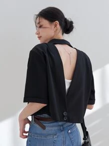 DAZY 素色前紐扣鏤空露背西裝外套 - 黑色 - 查看 4