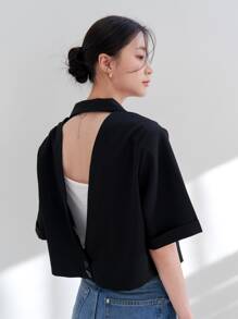 DAZY 素色前紐扣鏤空露背西裝外套 - 黑色 - 查看 5