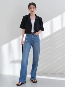 DAZY 素色前紐扣鏤空露背西裝外套 - 黑色 - 查看 6