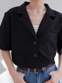 DAZY 素色前紐扣鏤空露背西裝外套 - 黑色 - 查看 8