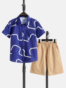 SHEIN 男孩圖案印花襯衫和短褲