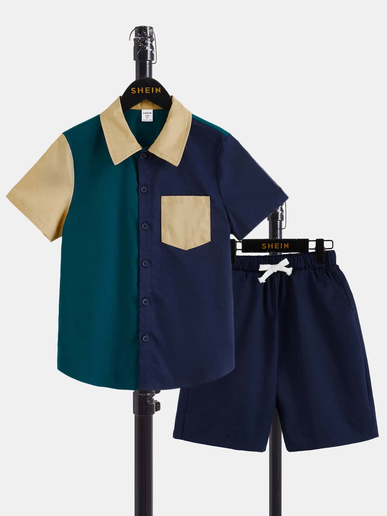 SHEIN Boys Colourblock Patched Pocket Shirt & Drawstring Waist Shorts - Multicolor - View 1
