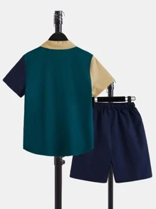 SHEIN Boys Colourblock Patched Pocket Shirt & Drawstring Waist Shorts - Multicolor - View 2