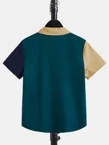 SHEIN Boys Colourblock Patched Pocket Shirt & Drawstring Waist Shorts - Multicolor - View 3