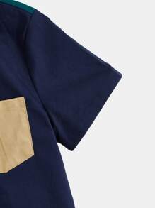 SHEIN Boys Colourblock Patched Pocket Shirt & Drawstring Waist Shorts - Multicolor - View 5