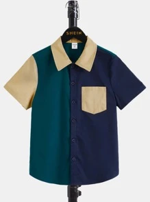 SHEIN Boys Colourblock Patched Pocket Shirt & Drawstring Waist Shorts - Multicolor - View 6