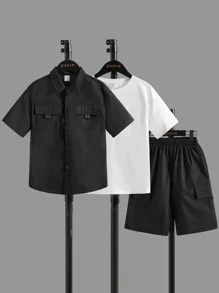 SHEIN 男孩翻蓋口袋襯衫和短褲和T恤