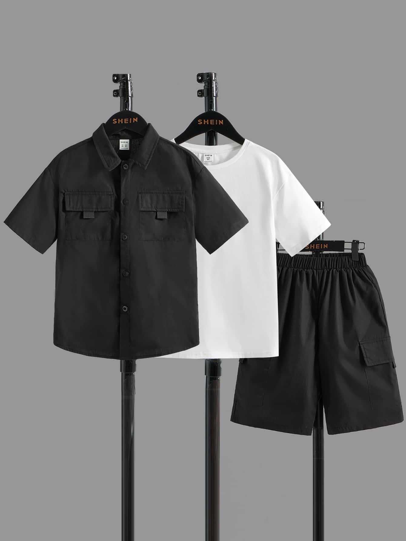 SHEIN 男孩翻蓋口袋襯衫和短褲和T恤