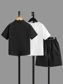 SHEIN 男孩翻蓋口袋襯衫和短褲和T恤