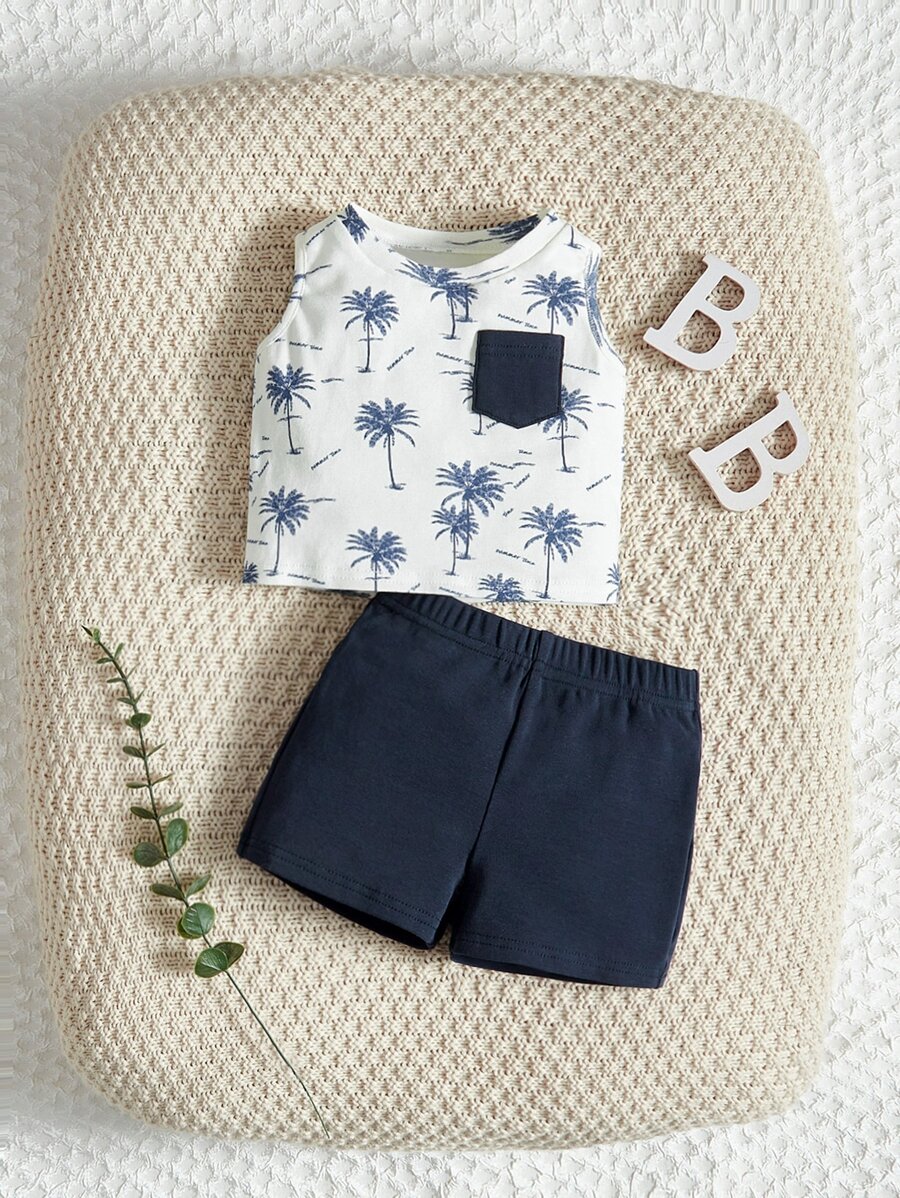 SHEIN Bé trai sơ sinh In cây dừa Đã vá Túi Áo ba lỗ & Quần short - Xanh và trắng - Xem 1