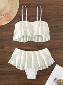 SHEIN Swim Conjunto de bikini texturizado de verano con top tipo camiseta de volantes y falda de volantes, 2 piezas
