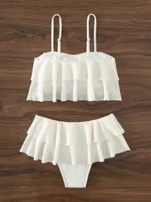 SHEIN Swim Conjunto de bikini texturizado de verano con top tipo camiseta de volantes y falda de volantes, 2 piezas