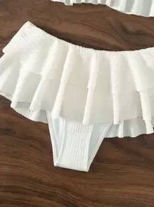 SHEIN Swim Conjunto de bikini texturizado de verano con top tipo camiseta de volantes y falda de volantes, 2 piezas