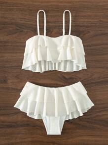 SHEIN Swim Conjunto de bikini texturizado de verano con top tipo camiseta de volantes y falda de volantes, 2 piezas