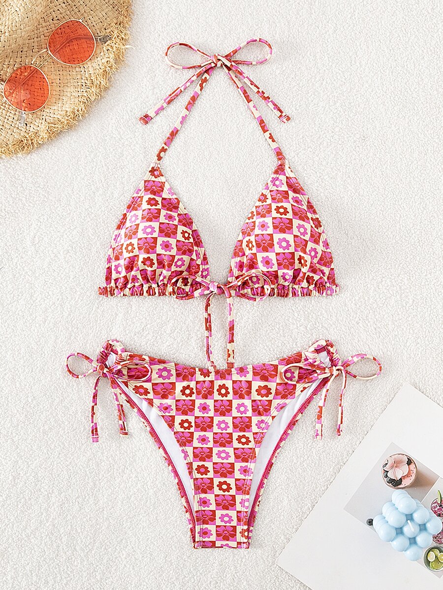 花卉印花露肩三角形夏季海灘比基尼套裝 - 彩色 - 查看 1