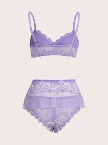 ROMWE Kawaii 3pack Floral Lace Underwire Lingerie Set - Lilac Purple - View 2