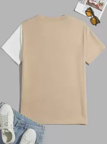 Manfinity VCAY 男士T恤合身船領短袖拼色休閒時尚男裝夏季 - 卡其色 - 查看 2