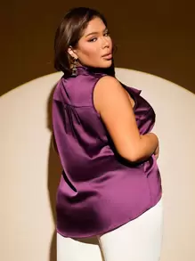 SHEIN SXY Plus Tie Neck Satin Blouse - Purple - View 2