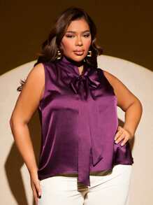 SHEIN SXY Plus Tie Neck Satin Blouse - Purple - View 3