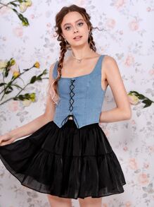 SHEIN MOD Áo khoác denim nữ Bất đối xứng Ren lên Thùa khuyết màu trơn Giải trí - Rửa nhẹ - Xem 5