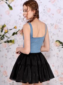 SHEIN MOD Áo khoác denim nữ Bất đối xứng Ren lên Thùa khuyết màu trơn Giải trí - Rửa nhẹ - Xem 6