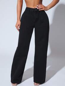SHEIN SXY Solid Slant Pocket Jeans - Black - View 2