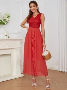 Eilly Bazar 亮片拼接荷葉邊連衣裙 - 紅色 - 查看 1