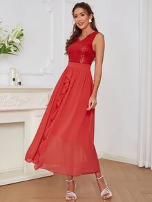 Eilly Bazar 亮片拼接荷葉邊連衣裙 - 紅色 - 查看 4