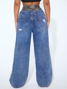 SHEIN SXY Contrast Camo Waist Ripped Jeans - Medium Wash - View 2