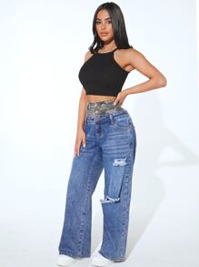 SHEIN SXY Contrast Camo Waist Ripped Jeans - Medium Wash - View 3