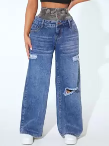 SHEIN SXY Contrast Camo Waist Ripped Jeans - Medium Wash - View 1