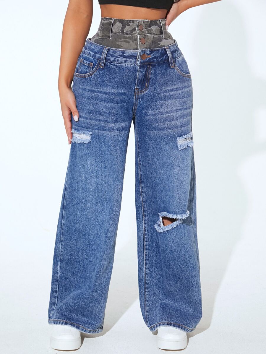 SHEIN SXY Contrast Camo Waist Ripped Jeans - Medium Wash - View 1