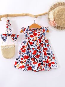 Vestido De Niña Con Ribete De Volantes Y Estampado Floral Completo Y Diadema A Juego - Multicolor - Ver 1