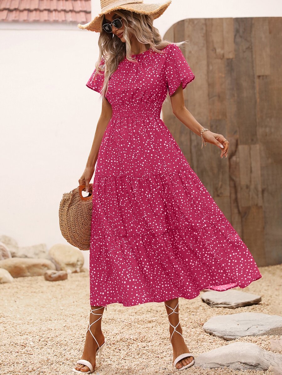 SHEIN VCAY Allover Print Ruffle Hem Dress - Hot Pink - View 1