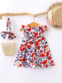 Vestido De Niña Con Ribete De Volantes Y Estampado Floral Completo Y Diadema A Juego - Multicolor - Ver 2