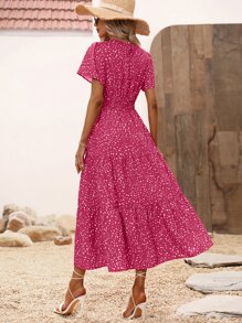 SHEIN VCAY Allover Print Ruffle Hem Dress - Hot Pink - View 2