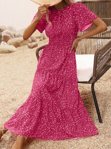 SHEIN VCAY Allover Print Ruffle Hem Dress - Hot Pink - View 3