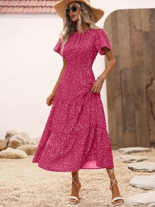 SHEIN VCAY Allover Print Ruffle Hem Dress - Hot Pink - View 4