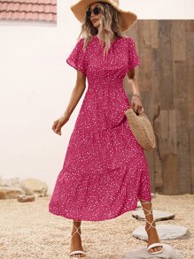 SHEIN VCAY Allover Print Ruffle Hem Dress - Hot Pink - View 5