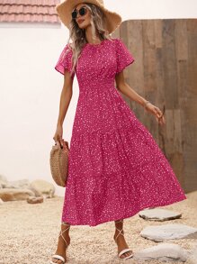 SHEIN VCAY Allover Print Ruffle Hem Dress - Hot Pink - View 6