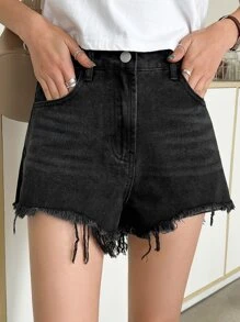 DAZY 牛仔布生邊短褲 - 黑色 - 查看 1