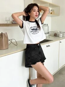 DAZY 牛仔布生邊短褲 - 黑色 - 查看 4