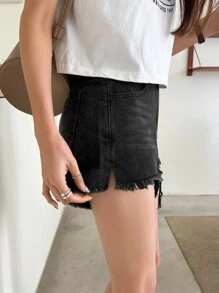 DAZY 牛仔布生邊短褲 - 黑色 - 查看 8