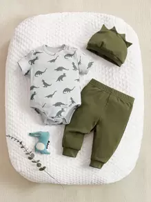 SHEIN Newborn Baby Dinosaur Print Bodysuit & Pants & Hat - Multicolor - View 1