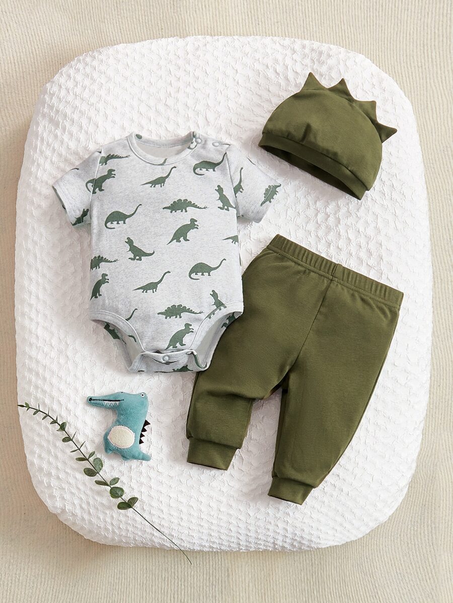 SHEIN Newborn Baby Dinosaur Print Bodysuit & Pants & Hat - Multicolor - View 1