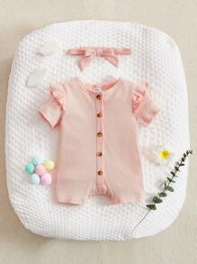 SHEIN Recién nacido Bebé Mono ribete con fruncido con botón delantero con banda cabeza