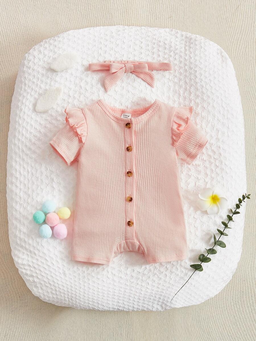 SHEIN Recién nacido Bebé Mono ribete con fruncido con botón delantero con banda cabeza