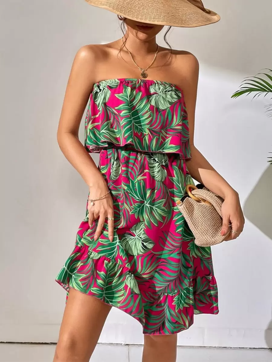 SHEIN Holidaya Đầm Viên lá sen Nhiệt đới Boho - Màu Hồng Tươi - Xem 1