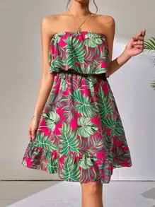 SHEIN Holidaya Đầm Viên lá sen Nhiệt đới Boho - Màu Hồng Tươi - Xem 3