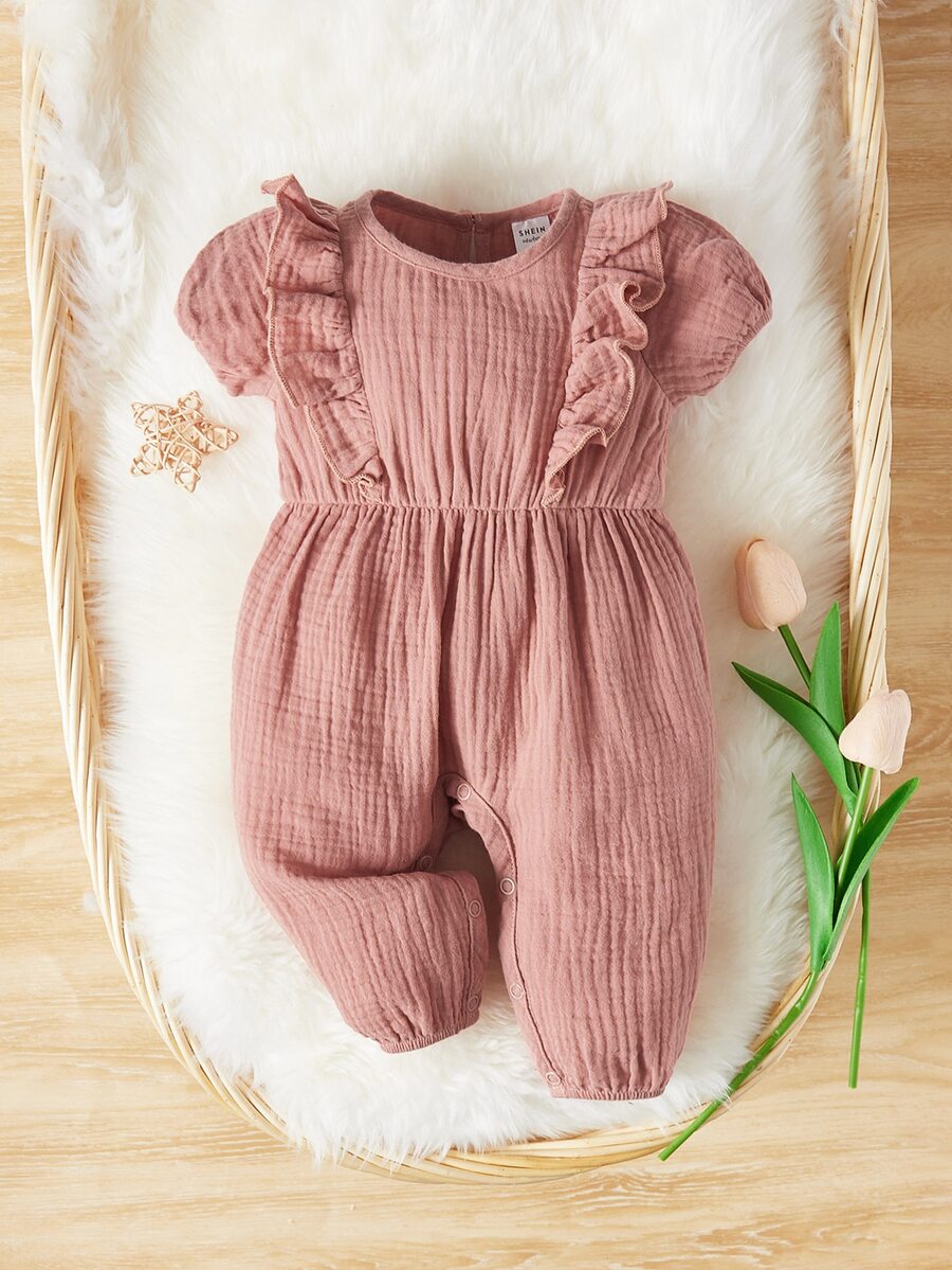 SHEIN Áo liền quần Em bé Nút Xù màu trơn - Bụi hồng - Xem 1